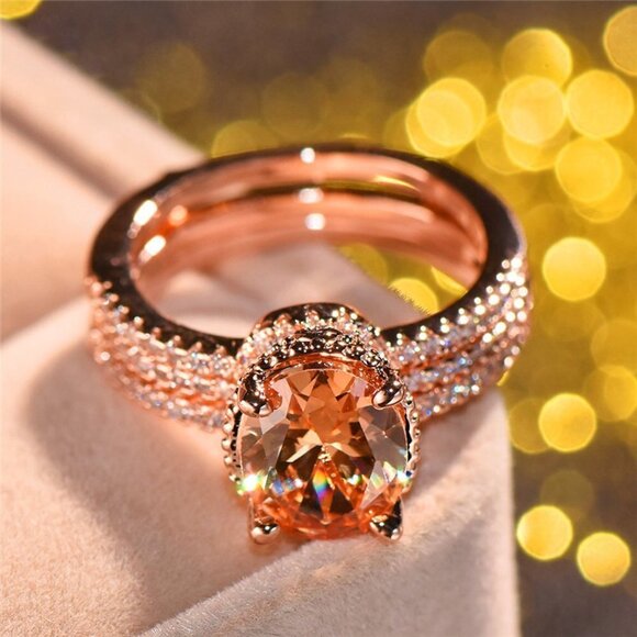 3 pcs/set Rose Gold Oval Bridal Wedding/Engagement Ring Set, VIP241 - Picture 4 of 8